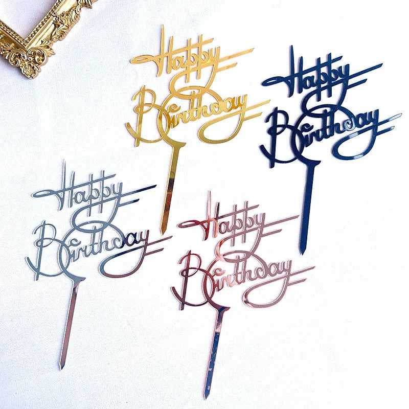 Ins Golden Happy Birthday Cake Topper Black Acrylic Birthday Party Cake Topper Cake for Baby Shower Dessert Decoration Gift Flag