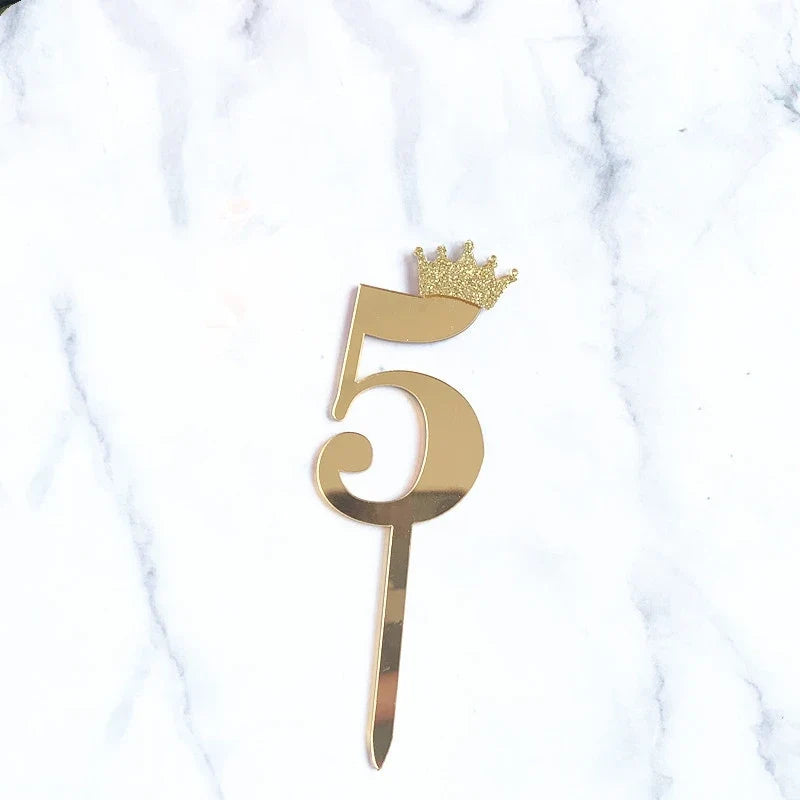 0-9 Crown Number Happy Birthday Cake Topper Gold Acrylic Wedding Party Cupcake Toppers for Baby Shower Gift Dessert Decoration