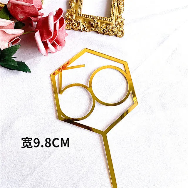 Numbers18-60 Happy Birthday Cake Topper Gold Silver Hexagonal Acrylic Anniversary Party Cupcake Topper Cakes Dessert Decoration