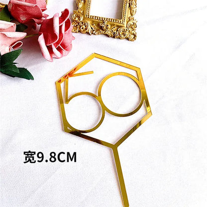 Numbers18-60 Happy Birthday Cake Topper Gold Silver Hexagonal Acrylic Anniversary Party Cupcake Topper Cakes Dessert Decoration
