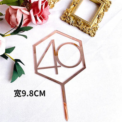 Numbers18-60 Happy Birthday Cake Topper Gold Silver Hexagonal Acrylic Anniversary Party Cupcake Topper Cakes Dessert Decoration