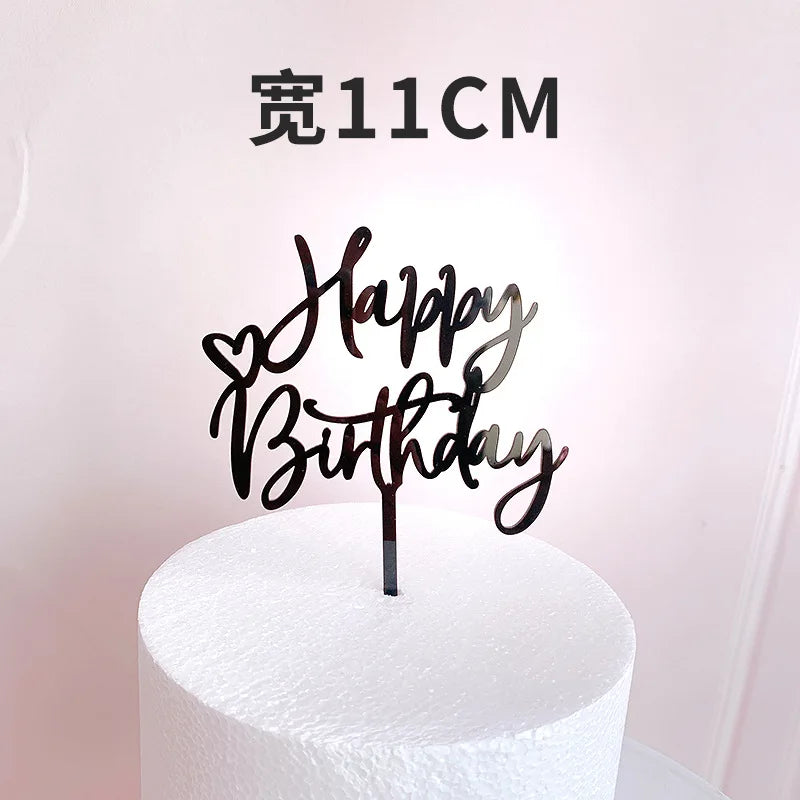 Ins Golden Happy Birthday Cake Topper Black Acrylic Birthday Party Cake Topper Cake for Baby Shower Dessert Decoration Gift Flag