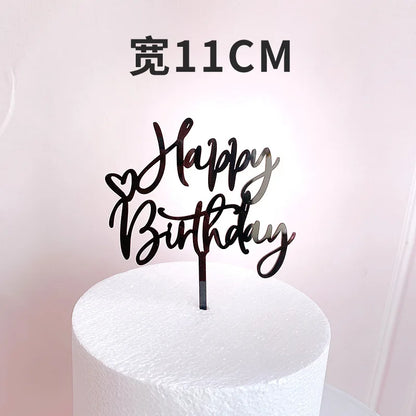 Ins Golden Happy Birthday Cake Topper Black Acrylic Birthday Party Cake Topper Cake for Baby Shower Dessert Decoration Gift Flag