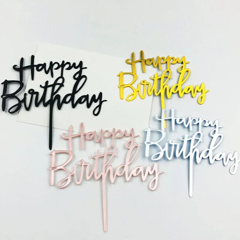Gold Silver Happy Birthday Cake Toppers Acrylic Classic Birthday Cupcake Topper Dessert Decoration For Baby Shower Cake Supplies