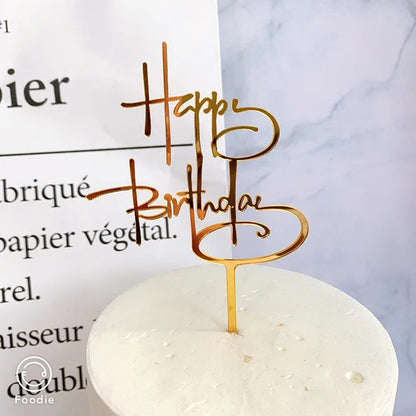 Ins Golden Happy Birthday Cake Topper Black Acrylic Birthday Party Cake Topper Cake for Baby Shower Dessert Decoration Gift Flag