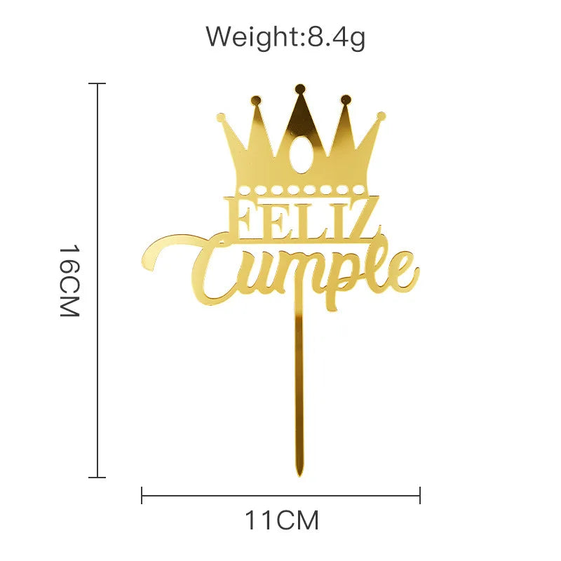 ins Spanish Happy Birthday Cake Topper Golden Crown Acrylic Birthday Party Cake Toppers For Baby Shower Cake Dessert Decorations