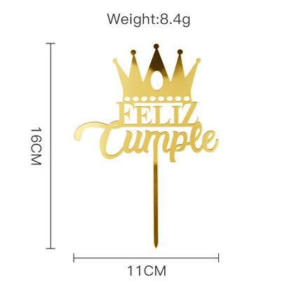 ins Spanish Happy Birthday Cake Topper Golden Crown Acrylic Birthday Party Cake Toppers For Baby Shower Cake Dessert Decorations