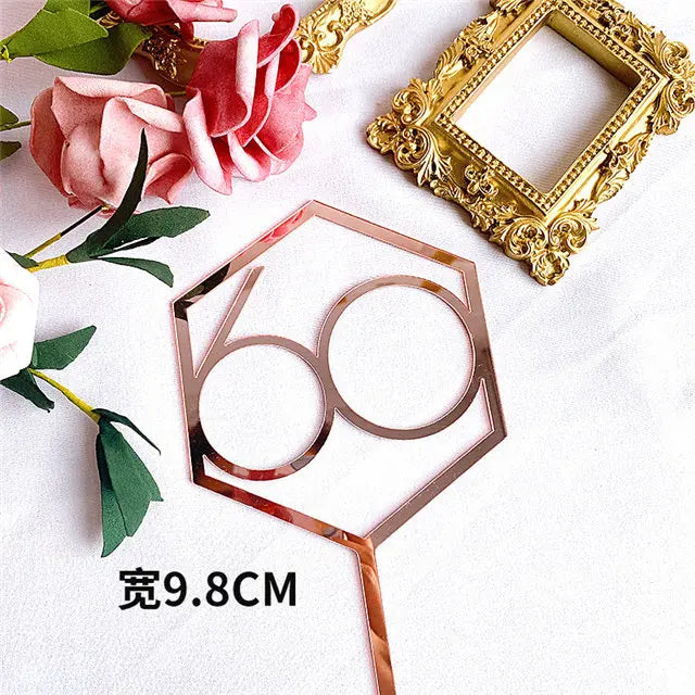 Numbers18-60 Happy Birthday Cake Topper Gold Silver Hexagonal Acrylic Anniversary Party Cupcake Topper Cakes Dessert Decoration