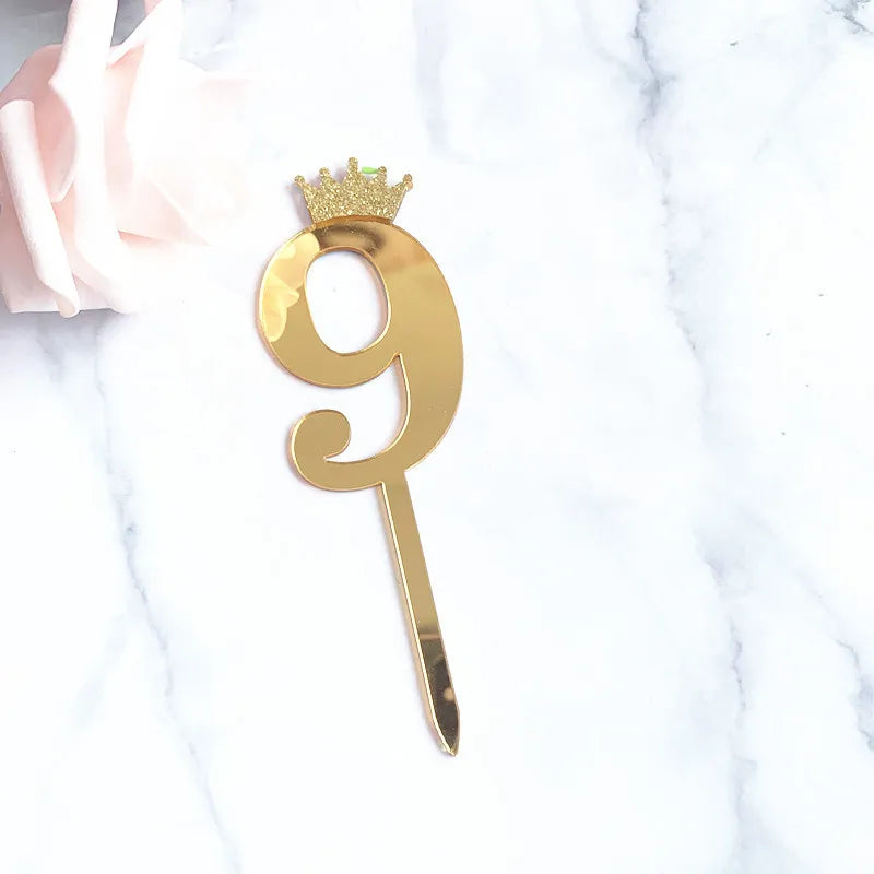 0-9 Crown Number Happy Birthday Cake Topper Gold Acrylic Wedding Party Cupcake Toppers for Baby Shower Gift Dessert Decoration