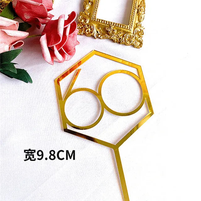Numbers18-60 Happy Birthday Cake Topper Gold Silver Hexagonal Acrylic Anniversary Party Cupcake Topper Cakes Dessert Decoration