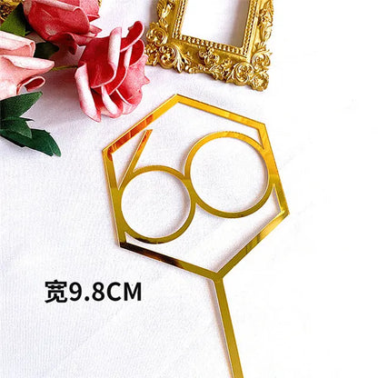 Numbers18-60 Happy Birthday Cake Topper Gold Silver Hexagonal Acrylic Anniversary Party Cupcake Topper Cakes Dessert Decoration