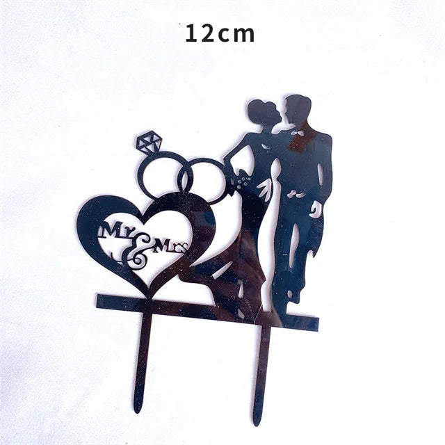 New MR&MRS Happy Wedding Cake Topper Gold Black Acrylic Ring Groom Bride Cake Topper Wedding Engagement Party Dessert Decoration