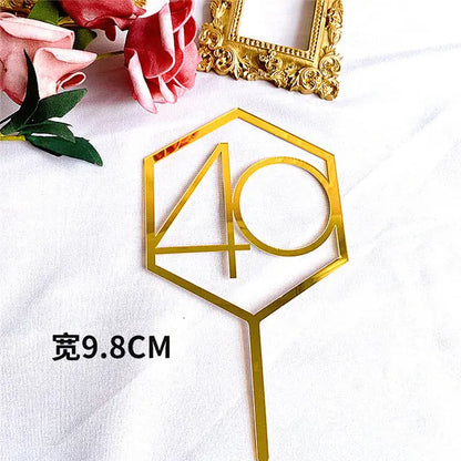 Numbers18-60 Happy Birthday Cake Topper Gold Silver Hexagonal Acrylic Anniversary Party Cupcake Topper Cakes Dessert Decoration