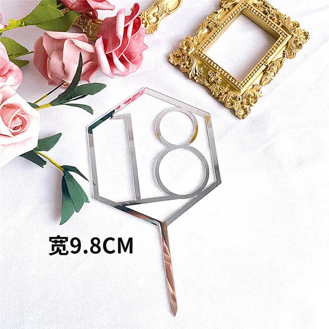 Numbers18-60 Happy Birthday Cake Topper Gold Silver Hexagonal Acrylic Anniversary Party Cupcake Topper Cakes Dessert Decoration