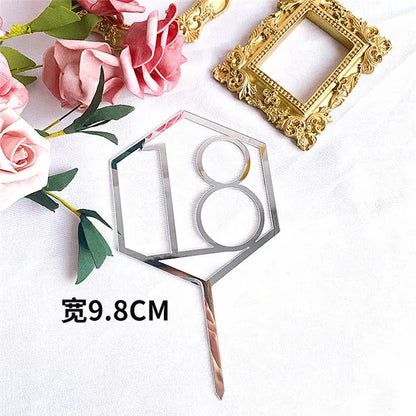 Numbers18-60 Happy Birthday Cake Topper Gold Silver Hexagonal Acrylic Anniversary Party Cupcake Topper Cakes Dessert Decoration