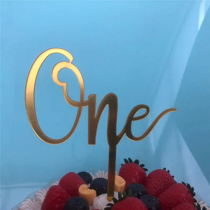 New Acrylic One Cake Topper Rose gold Birthday Party Cupcake Toppers Wedding anniversary Baby 1st birthday Cake Flag Decorations