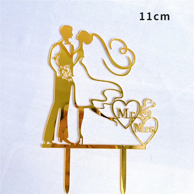 New MR&MRS Happy Wedding Cake Topper Gold Black Acrylic Ring Groom Bride Cake Topper Wedding Engagement Party Dessert Decoration