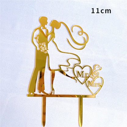 New MR&MRS Happy Wedding Cake Topper Gold Black Acrylic Ring Groom Bride Cake Topper Wedding Engagement Party Dessert Decoration