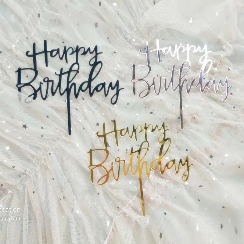 Gold Silver Happy Birthday Cake Toppers Acrylic Classic Birthday Cupcake Topper Dessert Decoration For Baby Shower Cake Supplies