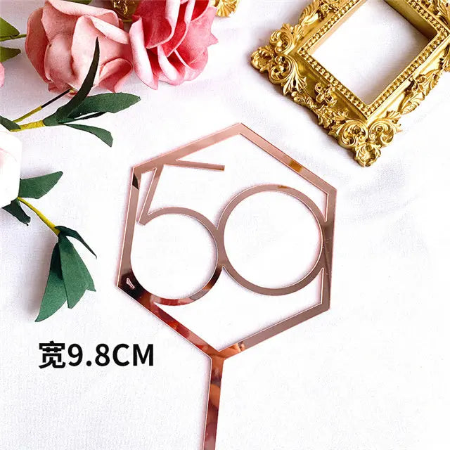 Numbers18-60 Happy Birthday Cake Topper Gold Silver Hexagonal Acrylic Anniversary Party Cupcake Topper Cakes Dessert Decoration