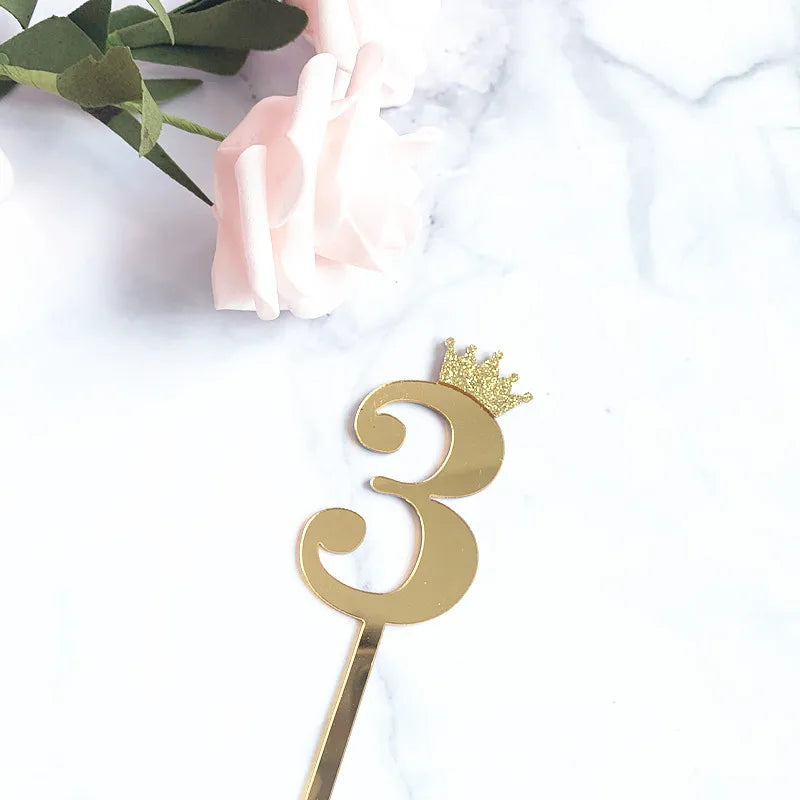 0-9 Crown Number Happy Birthday Cake Topper Gold Acrylic Wedding Party Cupcake Toppers for Baby Shower Gift Dessert Decoration