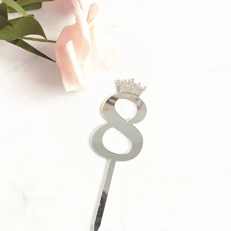 0-9 Crown Number Happy Birthday Cake Topper Gold Acrylic Wedding Party Cupcake Toppers for Baby Shower Gift Dessert Decoration