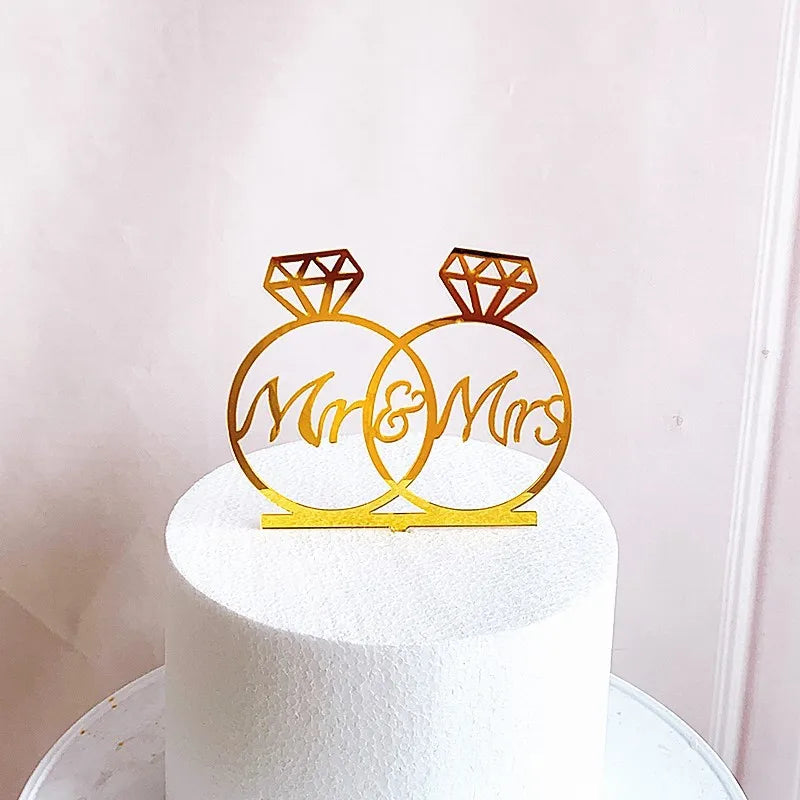 New MR&MRS Happy Wedding Cake Topper Gold Black Acrylic Ring Groom Bride Cake Topper Wedding Engagement Party Dessert Decoration