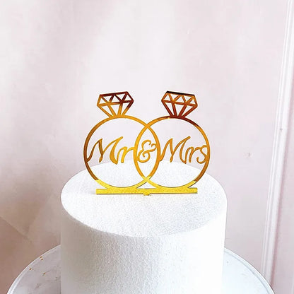 New MR&MRS Happy Wedding Cake Topper Gold Black Acrylic Ring Groom Bride Cake Topper Wedding Engagement Party Dessert Decoration
