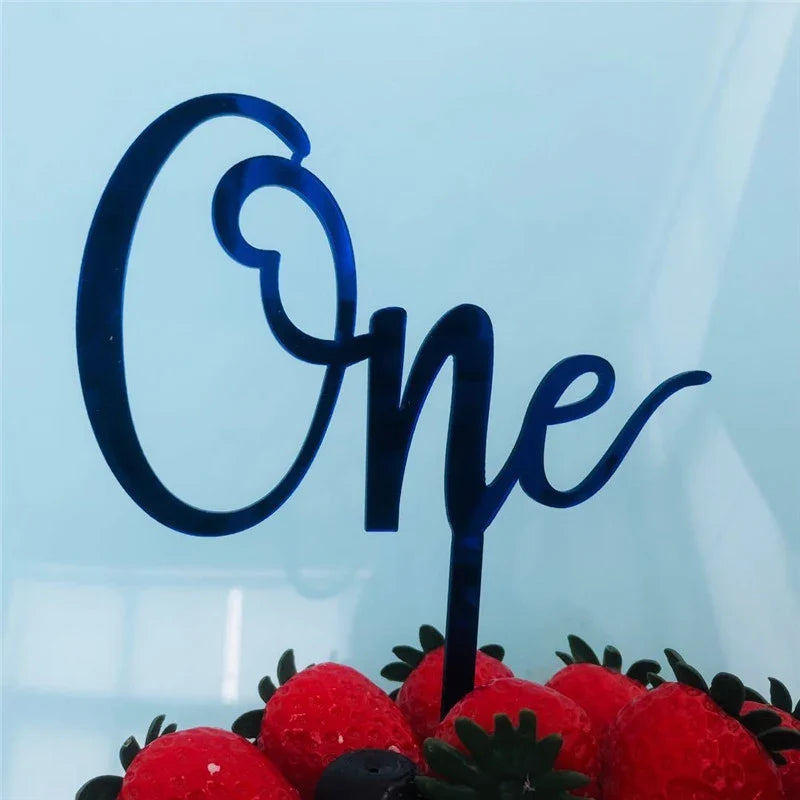 New Acrylic One Cake Topper Rose gold Birthday Party Cupcake Toppers Wedding anniversary Baby 1st birthday Cake Flag Decorations