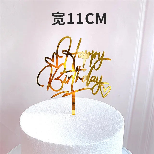 Ins Golden Happy Birthday Cake Topper Black Acrylic Birthday Party Cake Topper Cake for Baby Shower Dessert Decoration Gift Flag