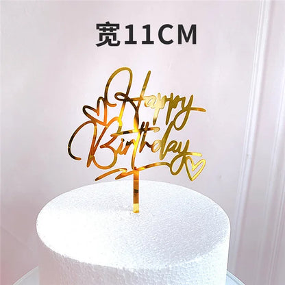 Ins Golden Happy Birthday Cake Topper Black Acrylic Birthday Party Cake Topper Cake for Baby Shower Dessert Decoration Gift Flag