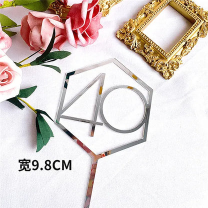 Numbers18-60 Happy Birthday Cake Topper Gold Silver Hexagonal Acrylic Anniversary Party Cupcake Topper Cakes Dessert Decoration
