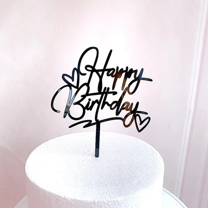 Gold Silver Happy Birthday Cake Toppers Acrylic Classic Birthday Cupcake Topper Dessert Decoration For Baby Shower Cake Supplies
