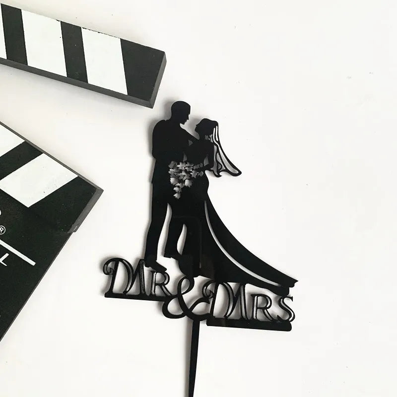 New MR&MRS Happy Wedding Cake Topper Gold Black Acrylic Ring Groom Bride Cake Topper Wedding Engagement Party Dessert Decoration