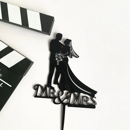 New MR&MRS Happy Wedding Cake Topper Gold Black Acrylic Ring Groom Bride Cake Topper Wedding Engagement Party Dessert Decoration