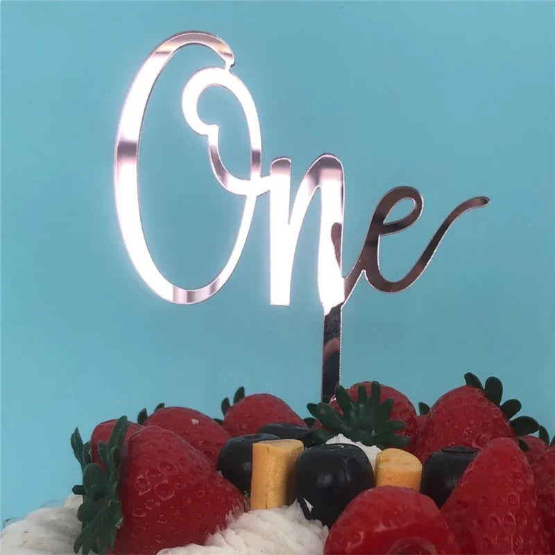 New Acrylic One Cake Topper Rose gold Birthday Party Cupcake Toppers Wedding anniversary Baby 1st birthday Cake Flag Decorations
