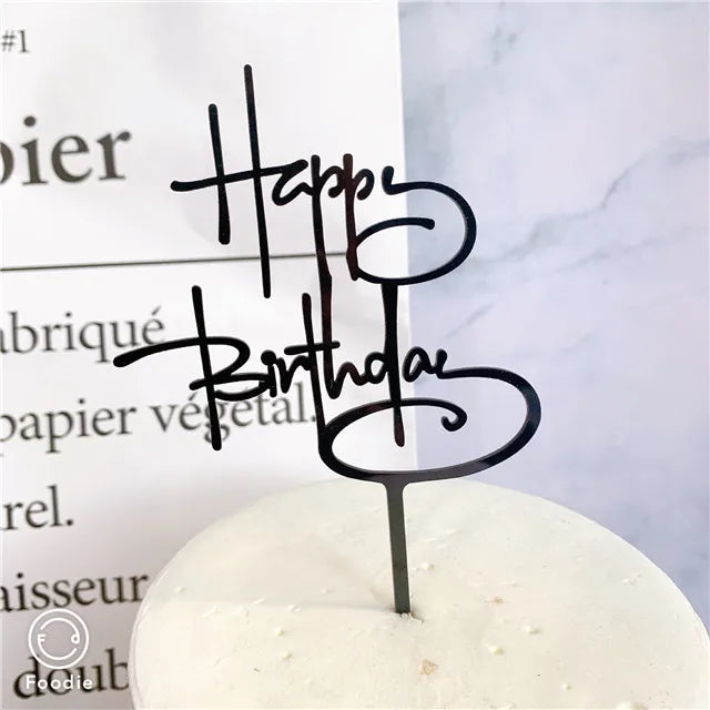 Ins Golden Happy Birthday Cake Topper Black Acrylic Birthday Party Cake Topper Cake for Baby Shower Dessert Decoration Gift Flag