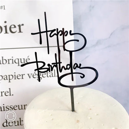 Ins Golden Happy Birthday Cake Topper Black Acrylic Birthday Party Cake Topper Cake for Baby Shower Dessert Decoration Gift Flag