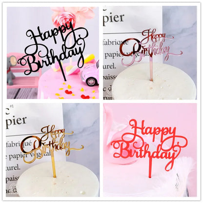 New Happy Birthday Cake Topper Red gold silver Acrylic Birthday theme party cake toppers decoration For Kids birthday cakes gift