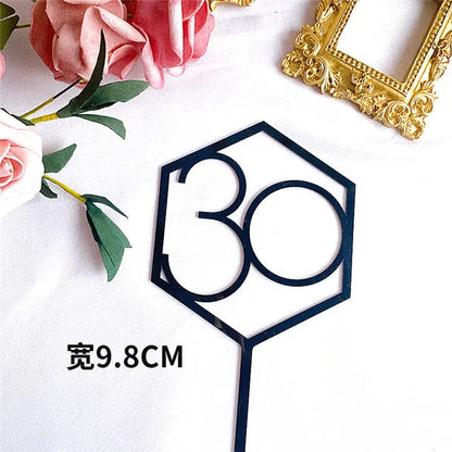 Numbers18-60 Happy Birthday Cake Topper Gold Silver Hexagonal Acrylic Anniversary Party Cupcake Topper Cakes Dessert Decoration