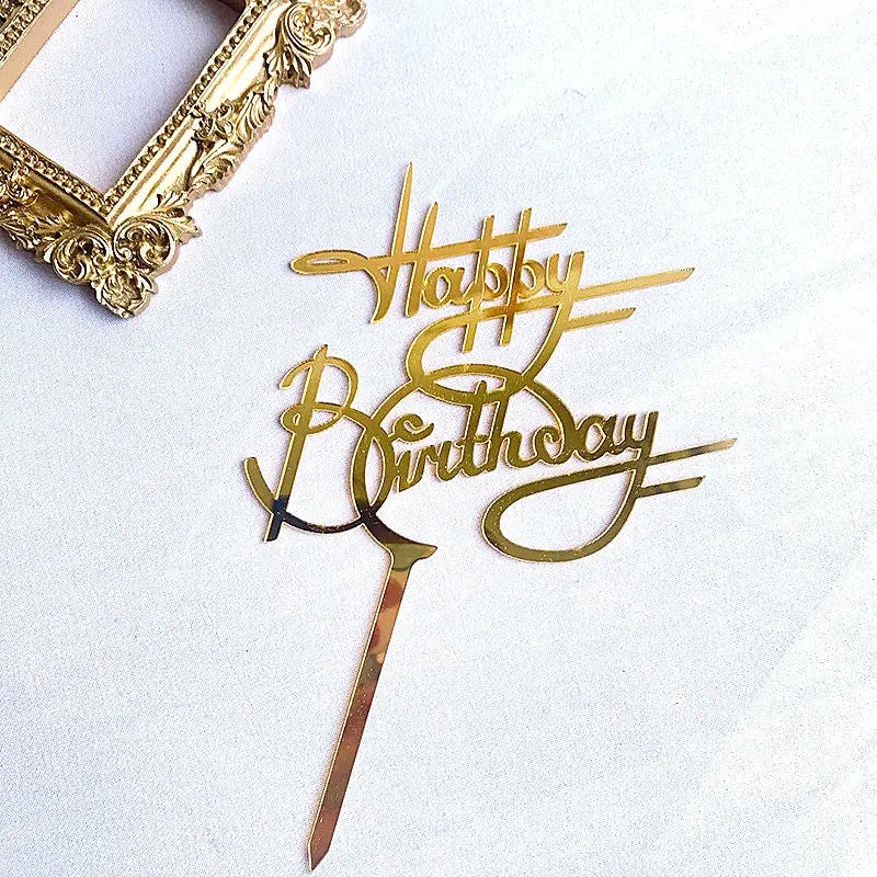 Ins Golden Happy Birthday Cake Topper Black Acrylic Birthday Party Cake Topper Cake for Baby Shower Dessert Decoration Gift Flag