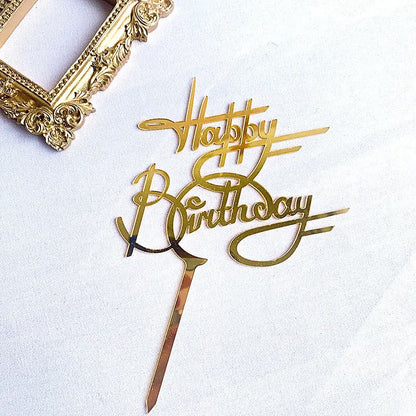 Ins Golden Happy Birthday Cake Topper Black Acrylic Birthday Party Cake Topper Cake for Baby Shower Dessert Decoration Gift Flag
