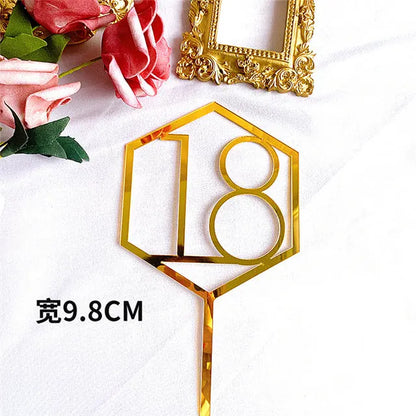 Numbers18-60 Happy Birthday Cake Topper Gold Silver Hexagonal Acrylic Anniversary Party Cupcake Topper Cakes Dessert Decoration
