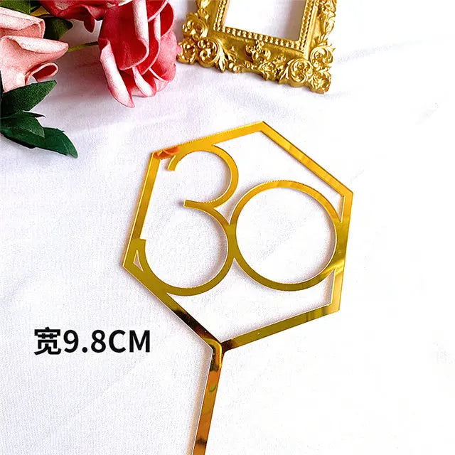 Numbers18-60 Happy Birthday Cake Topper Gold Silver Hexagonal Acrylic Anniversary Party Cupcake Topper Cakes Dessert Decoration