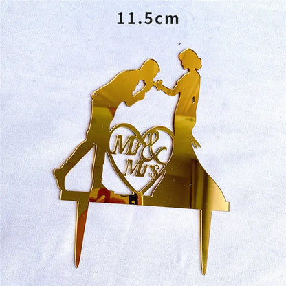 New MR&MRS Happy Wedding Cake Topper Gold Black Acrylic Ring Groom Bride Cake Topper Wedding Engagement Party Dessert Decoration