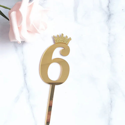 0-9 Crown Number Happy Birthday Cake Topper Gold Acrylic Wedding Party Cupcake Toppers for Baby Shower Gift Dessert Decoration