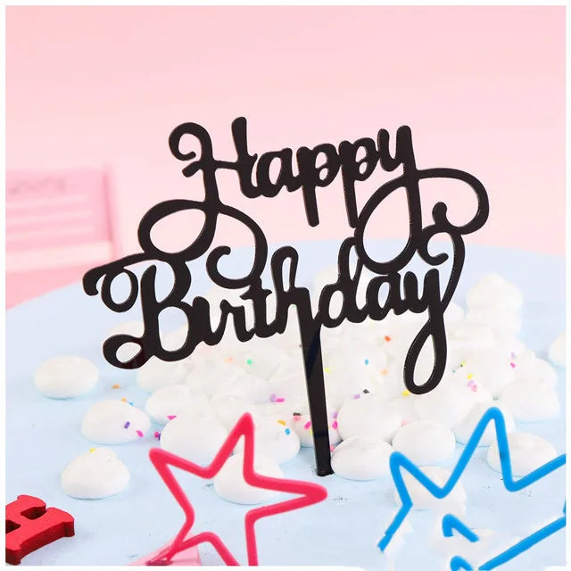 Gold Silver Happy Birthday Cake Toppers Acrylic Classic Birthday Cupcake Topper Dessert Decoration For Baby Shower Cake Supplies