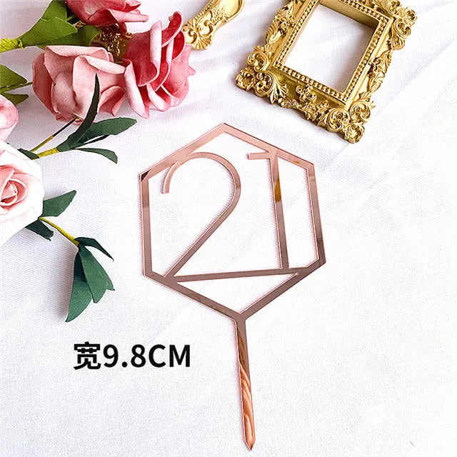 Numbers18-60 Happy Birthday Cake Topper Gold Silver Hexagonal Acrylic Anniversary Party Cupcake Topper Cakes Dessert Decoration