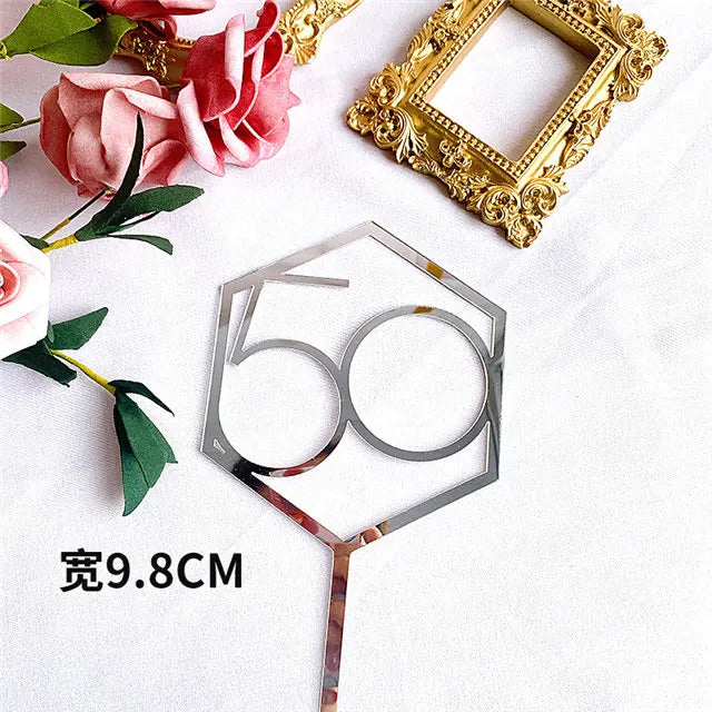 Numbers18-60 Happy Birthday Cake Topper Gold Silver Hexagonal Acrylic Anniversary Party Cupcake Topper Cakes Dessert Decoration