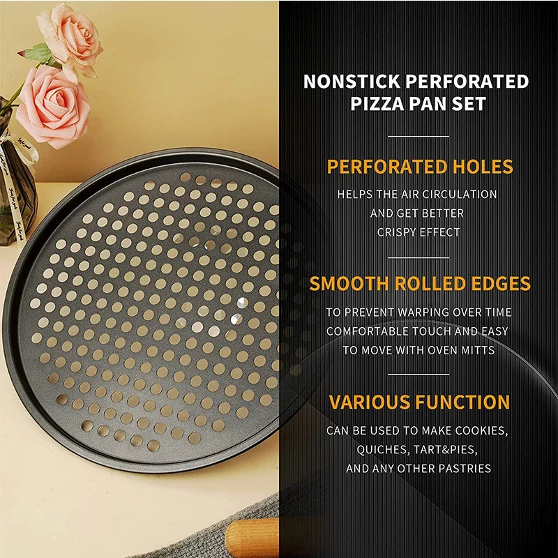 Nonstick Carbon Steel Pizza Crisper Trays Pizza Baking Pan Mold with Holes Round Deep Dish Plate
